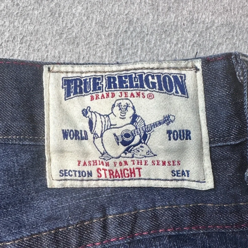 Vintage True Religion Jeans Mens 38 Blue Straight Distressed Bandana Patch USA